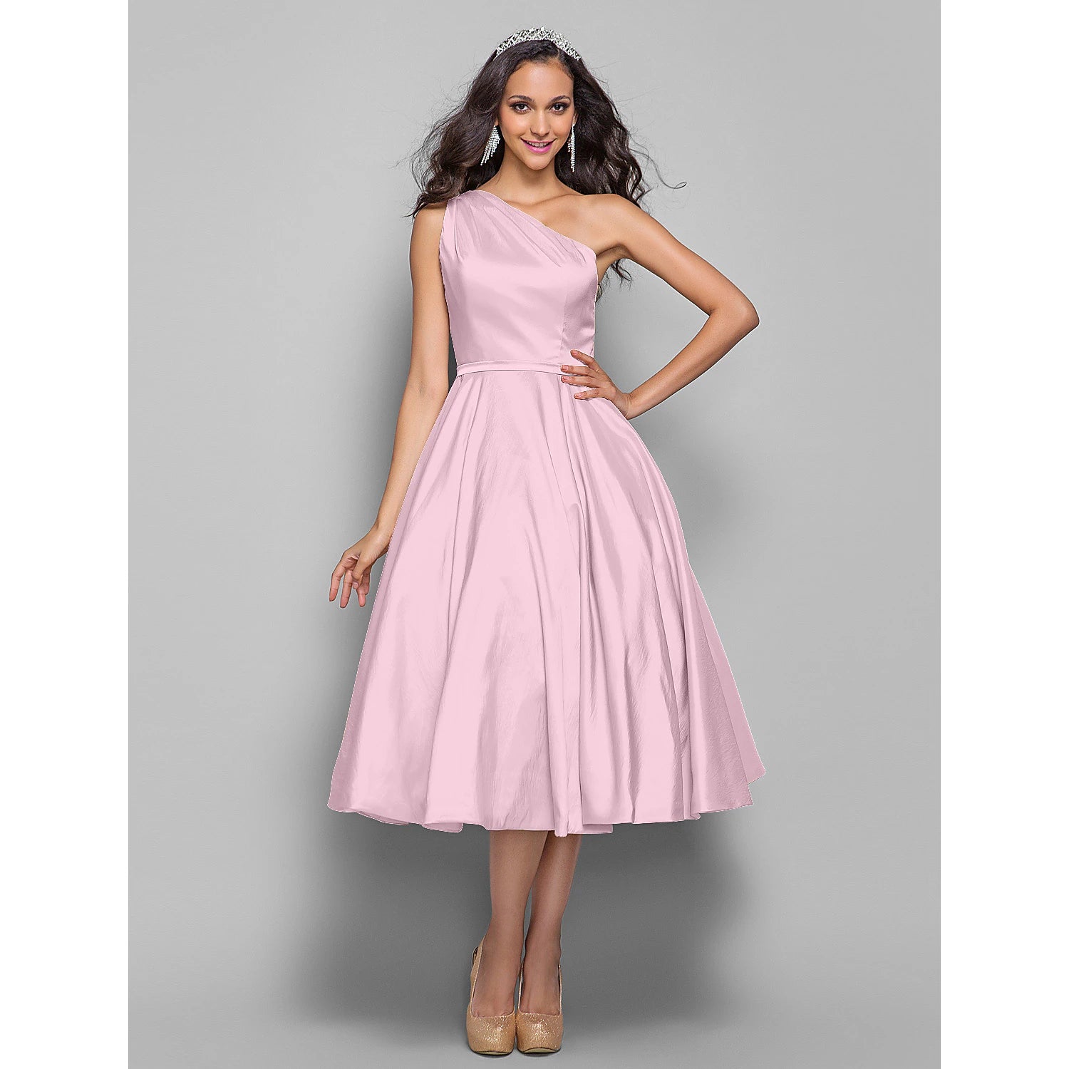 Abito da sposa elegante e minimalista a trapezio, con una spalla, senza maniche, lunghezza tè, in taffetà, con fascia/nastro